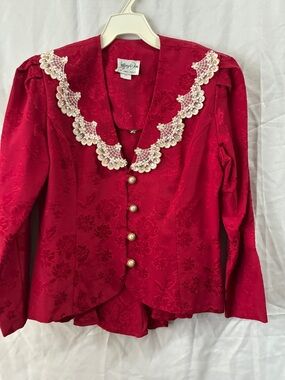 Vintage Style Red Blouse with Lace Collar - Yvonne D'Ale
